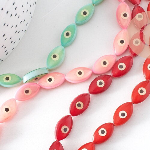 Perle navette nacre colorée mauvais oeil, bijou porte-bonheur,chance, gri-gri,15mm, fil de 25 perles, x1 (g0300)