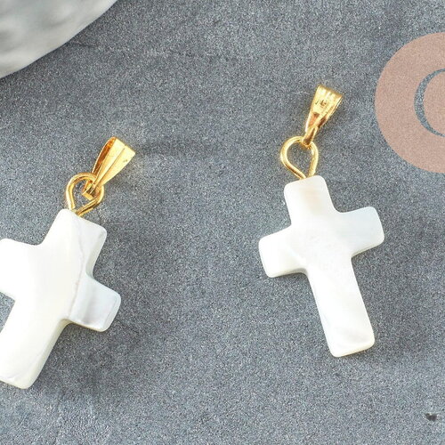 Pendentif croix nacre blanche, pendentif nacre,nacre support doré, pendentif,création bijoux, nacre naturelle, 22mm, x1 g1054