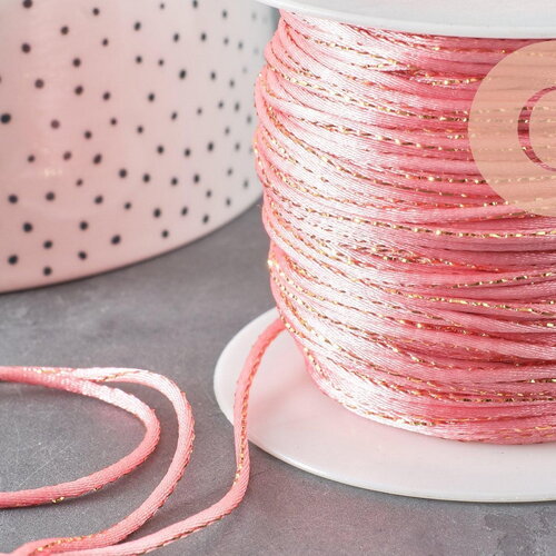 Cordon queue de rat nylon satiné rose et or 1.5mm, x1 mètre (g3762)