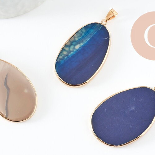 Pendentif ovale agate bleue naturelle 43mm, x1 (g1381)