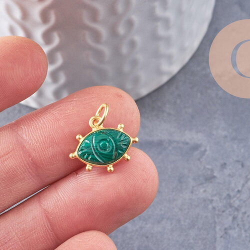 Pendentif oeil malachite naturelle argent 925 doré 18k 15mm, pendentif amulette pierre naturelle x1 (g9865)