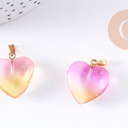 Pendentif coeur verre rose jaune transparent fer doré 22mm, x1 (g10621)