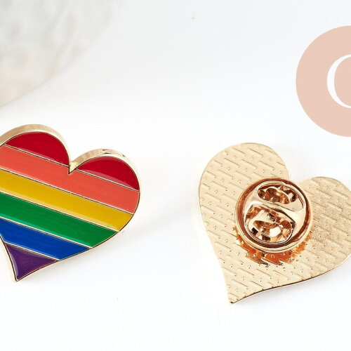 Broche pins coeur lgbt zamac doré arc-en-ciel 23mm, x1 (g9458)