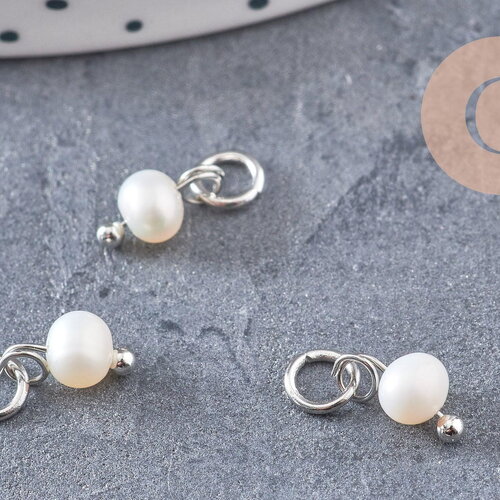 Breloque perle d'eau douce naturelle blanche acier 304 inoxydable platine 8.5mm, x1 (g10901)