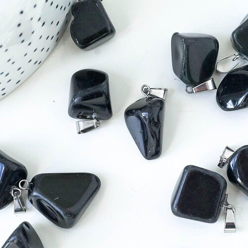 Pendentif obsidienne naturelle roulée acier inoxydable platine 15-35mm, x1 (g5558)