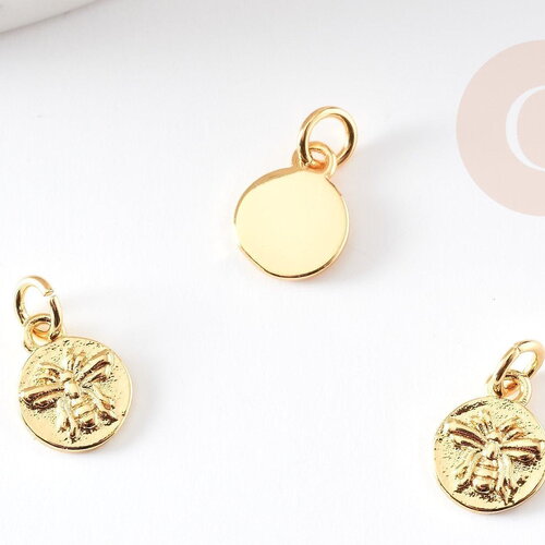 Pendentif médaille rond abeille laiton doré 10mm, x1 (g3371)