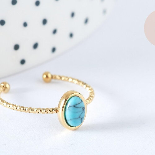 Bague fine réglable pierre turquoise acier doré inoxydable taille 54, x1 (g7029)