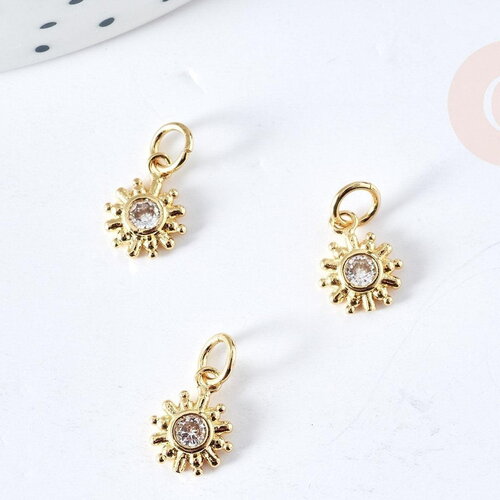 Pendentif soleil laiton doré zircon, pendentif en cristal pour création bijoux porte bonheur pour femme en zircon,10mm, x1 (g4742)