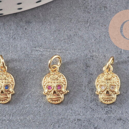 Pendentif tête de mort laiton doré zircons, pendentif sans nickel, pendentif laiton doré,12.5mm, x1 (g5428)