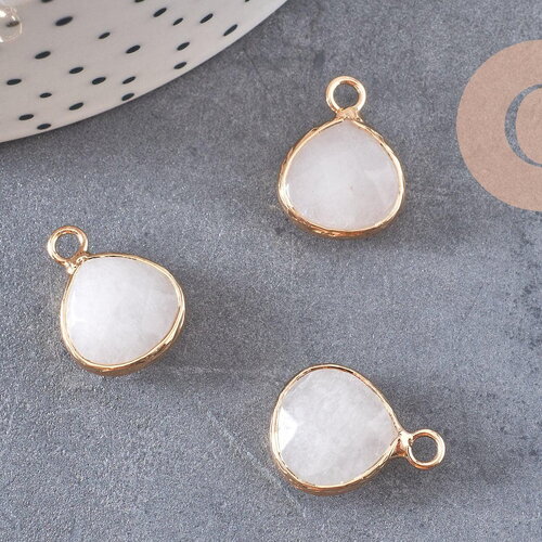 Pendentif goutte jadenaturel teinté blanc laiton doré 18mm, pendentif bijoux pierre naturelle x1 g0789