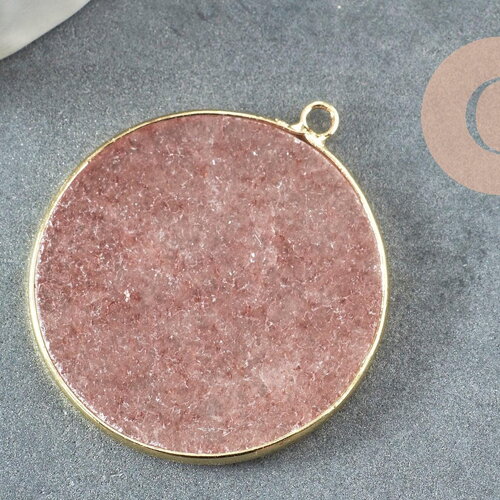 Pendentif rond quartz fraise naturel laiton doré 32mm, x1 (g3134)