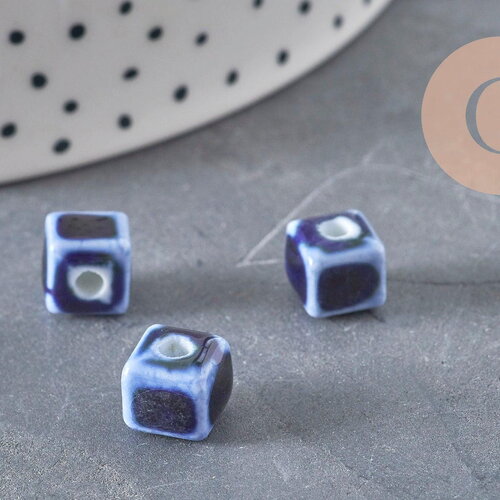 Perles cube céramique bleu roi 8mm, x5 (g11239)