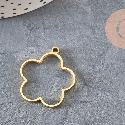 Pendentif fleur acier 304 inoxydable doré sans fond 22.5mm, x1 (g11247)