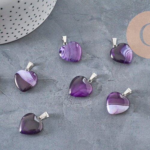 Pendentif coeur agate naturelle violet acier argenté 23mm, x1 (g11263)