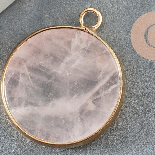 Pendentif disque quartz rose naturel doré 26mm, x1 (g7461)