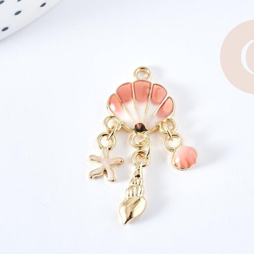 Pendentif coquillage émail coloré zamac doré 35.5mm, pendentif doré estival, x1 g8859