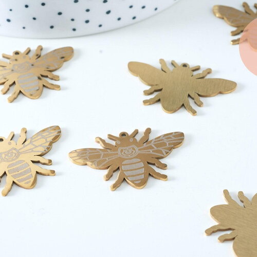 Pendentif abeille 36mm acier inoxydable doré, breloque doré, acier inoxydable doré, pendentif sans nickel, x1 (g6021)