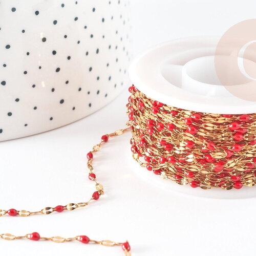 Chaine acier 304 dorée ip 14k fantaisie résine rouge 2mm, x1 mètre (g1566)