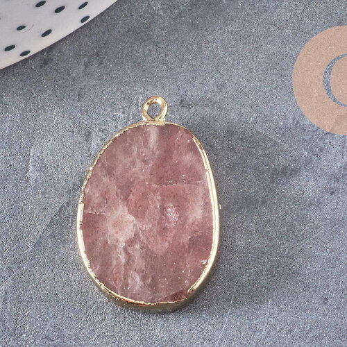 Pendentif ovale quartz fraise fer doré 28mm, x1 (g1138)