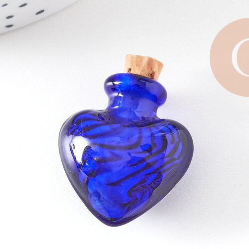 Petite bouteille en verre cœur bleu bouchon liège 32.5mm, x1 (g1694)