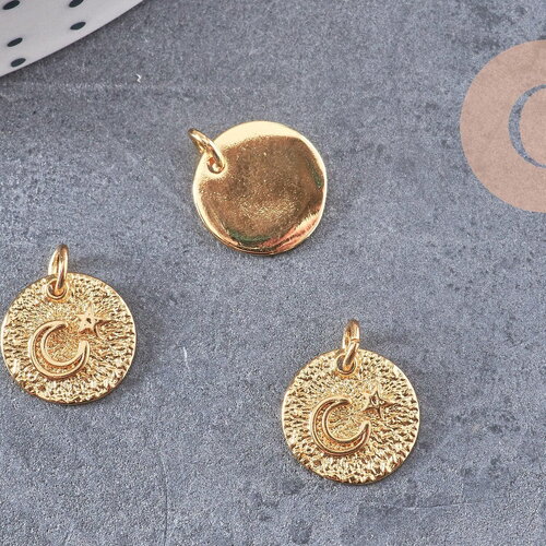 Pendentif médaille ronde lune étoile laiton doré texturé, un pendentif doré sans nickel création bijoux,12mm, x1 (g4932)