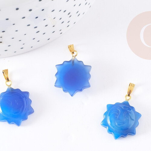 Pendentif soleil agate bleue support doré, pendentif pierre agate naturelle bleue, 23mm, x1 (g5522)