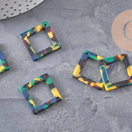 Pendentif carre coloré acetate 30.5mm,connecteur plastique, x5 (g0225)