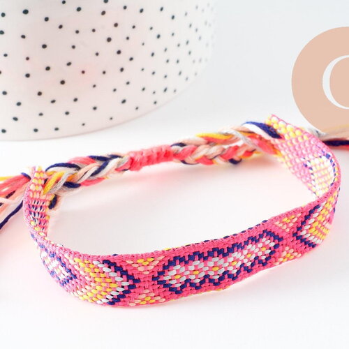 Bracelet brésilien tissé réglable rose jaune 15mm, x1 (g9560)