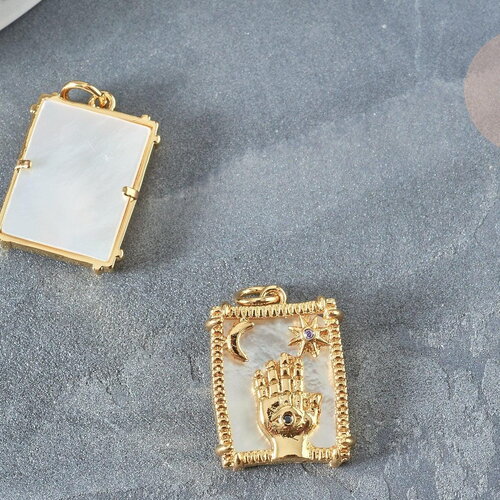 Pendentif rectangle main mauvais œil mystique nacre laiton doré zircon 18k,pendentif doré carte de tarot, x1 (g7378)