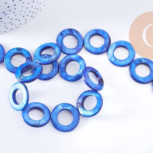 Perle ronde nacre bleue naturelle 24mm, perle disque coquillage bleu, coquillage bleu, fil de 36 cm x1 (g5846)