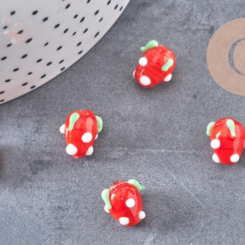 Perle fraise fruit rouge verre tchèque artisanal 25mm, x5 (g3257)
