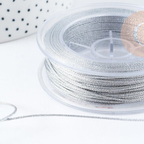 Cordon argent métallisé polyester 1mm, fil pour bijoux noeud coulissant, x1 mètre (g9091)