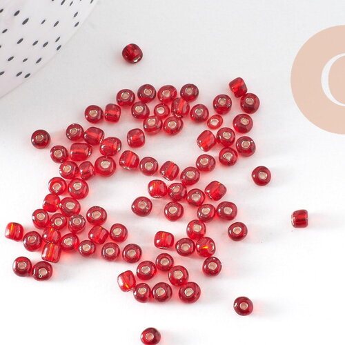 Grosses perles rocaille rouge transparente argent 4mm, x10gr (g3734)