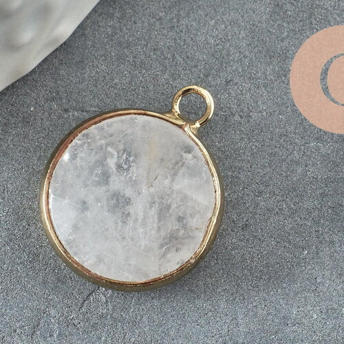 Pendentif rond cristal de roche naturel laiton doré 20mm, x1 (g1421)