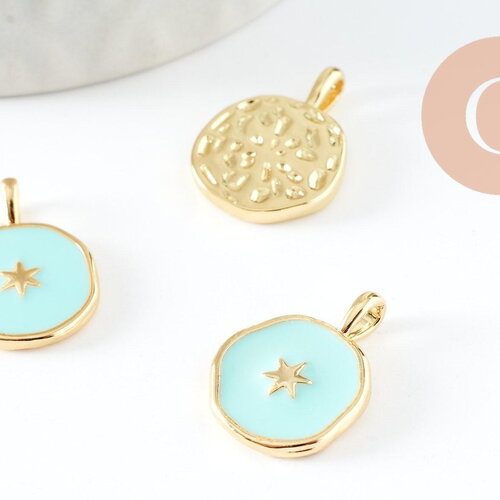 Pendentif médaille rond étoile émail bleu laiton doré, pendentif laiton émaillé,sans nickel,18mm, x1 g4271