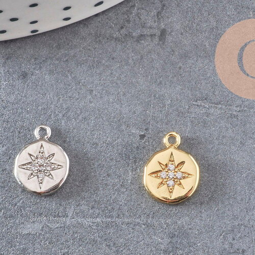 Pendentif médaille ronde étoile laiton doré zircons, pendentif doré avec cristaux pour création bijoux,13mm, x1 (g3471)