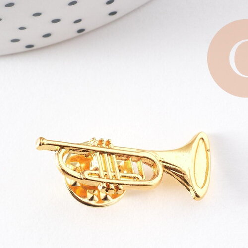 Broche pins trompette tuba zamac doré 29.5mm, x1 (g10159)