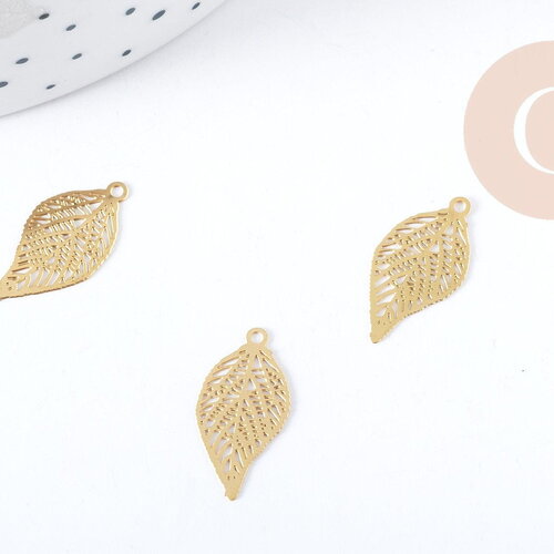 Pendentif feuille filigrane acier 201 inoxydable doré 19mm, x5 (g9061)