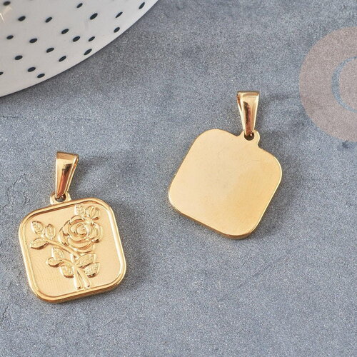 Pendentif médaille carré rose acier 304 inoxydable doré 20.5mm, création bijoux médaille or x1 (g4551)