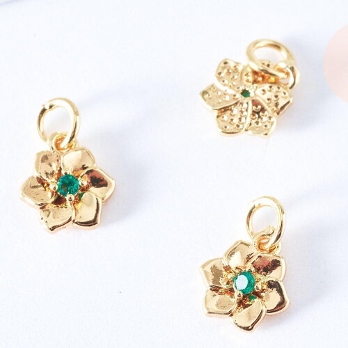Breloque fleur laiton doré 18k zircon vert 9.5mm, pendentif création bijoux doré, x1 g6944
