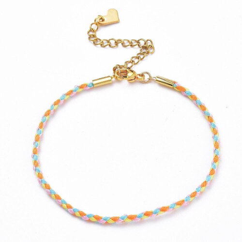 Bracelet tressé coton jaune bleu acier doré 14k 20.5cm, x1 (g6221)
