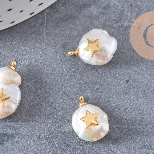 Pendentif perle naturelle keshi étoile dorée,porte bonheur,perle eau douce,création bijou,perle naturelle blanche,17-27mm, x1 (g1954)