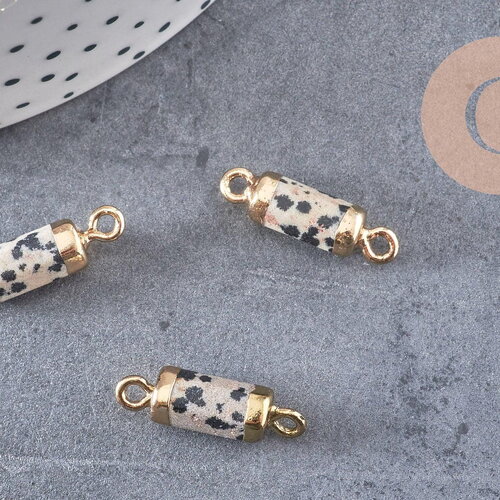Pendentif connecteur tube jaspe dalmatien doré,tube jaspe,jaspe naturel,20mm, x1 (g1211)