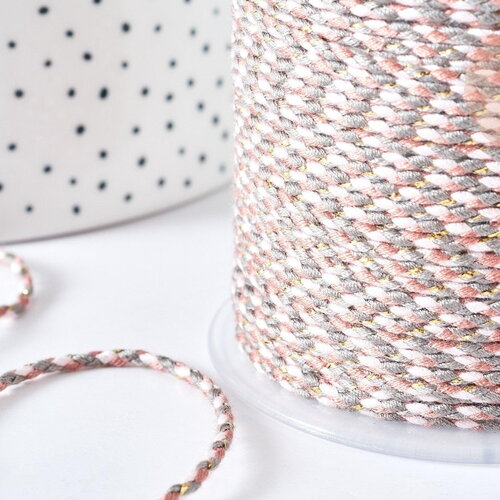 Cordon tressé rose gris fil doré 1.5mm-2mm, cordon pour bijoux,cordon multicolore scrapbooking,corde décoration, x 1mètre g8120