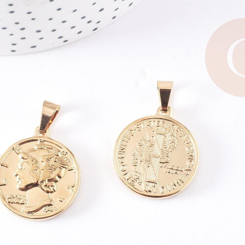 Pendentif médaille ronde pièce acier 304 inoxydable doré 29mm, x1 (g1752)