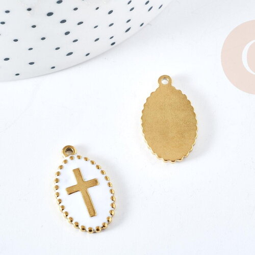 Pendentif médaille ovale croix émaillée acier 304 doré 18k inoxydable 23mm, x1 (g8717)