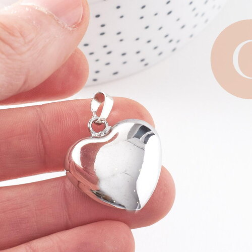 Pendentif coeur bola harmonie carillon laiton argent platine 26.5mm, x1 (g9889)