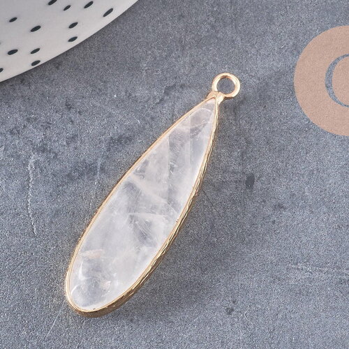 Pendentif goutte cristal de roche naturel laiton doré 40mm, x1 (g2555)