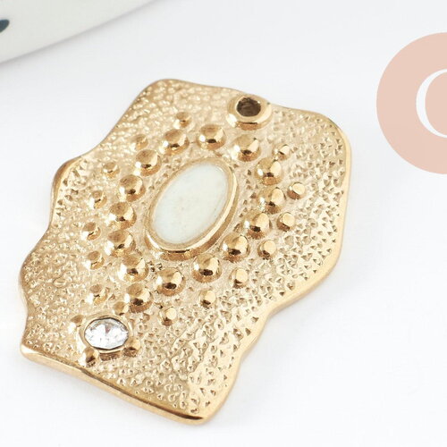 Pendentif rectangle 304 inoxydable doré pvd résine blanche zircon 25mm, x1 (g9410)