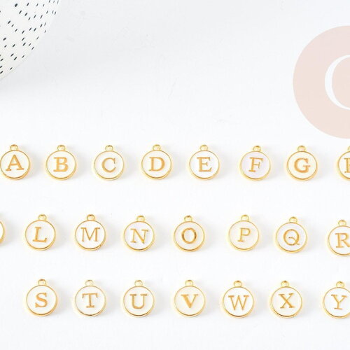Pendentif rond zamac doré initiale alphabet émail blanc 14mm, x1 (g2522)